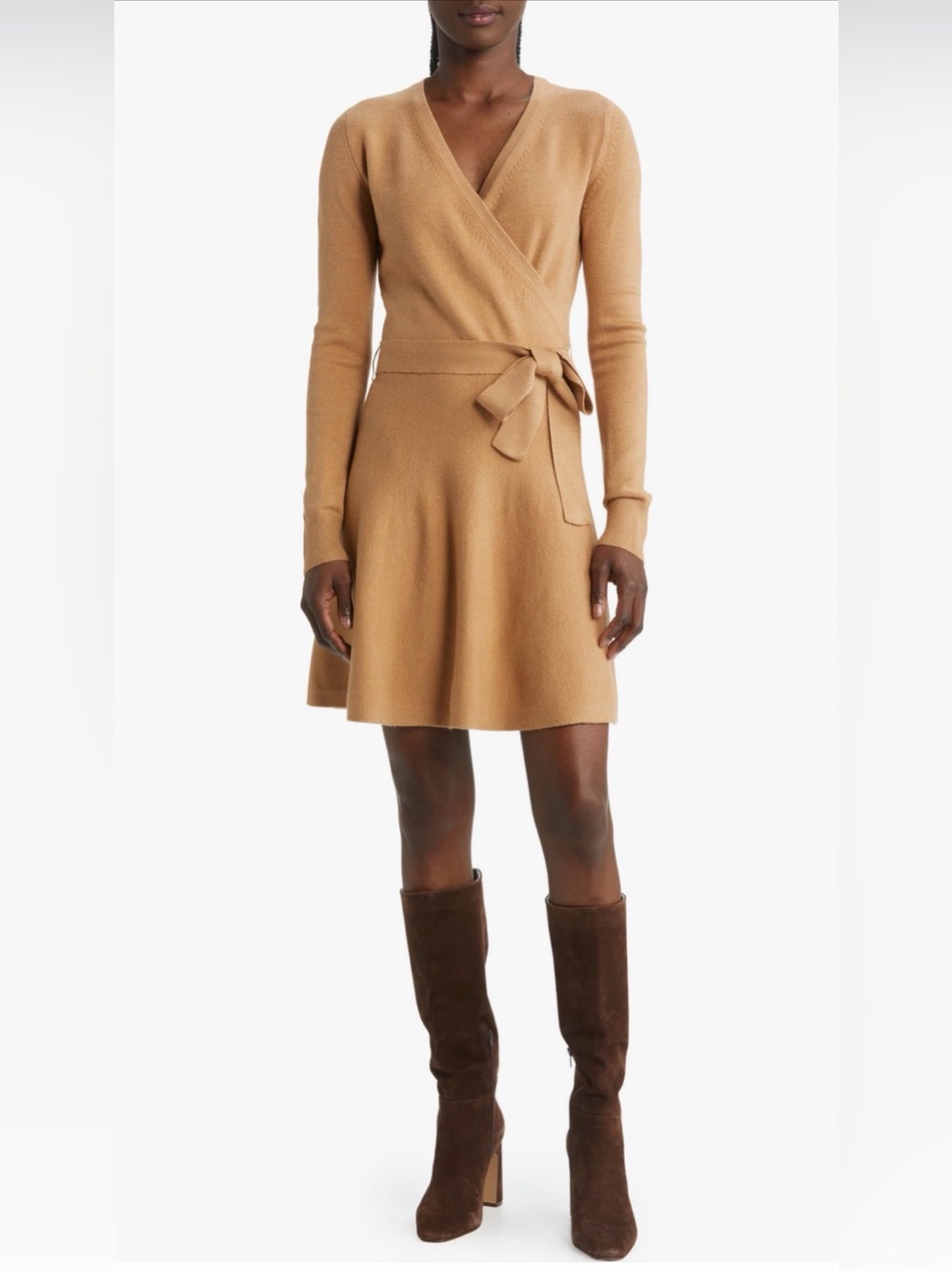 French Connection Long Sleeve Faux Wrap Sweater Dress (S; Camel Melange)